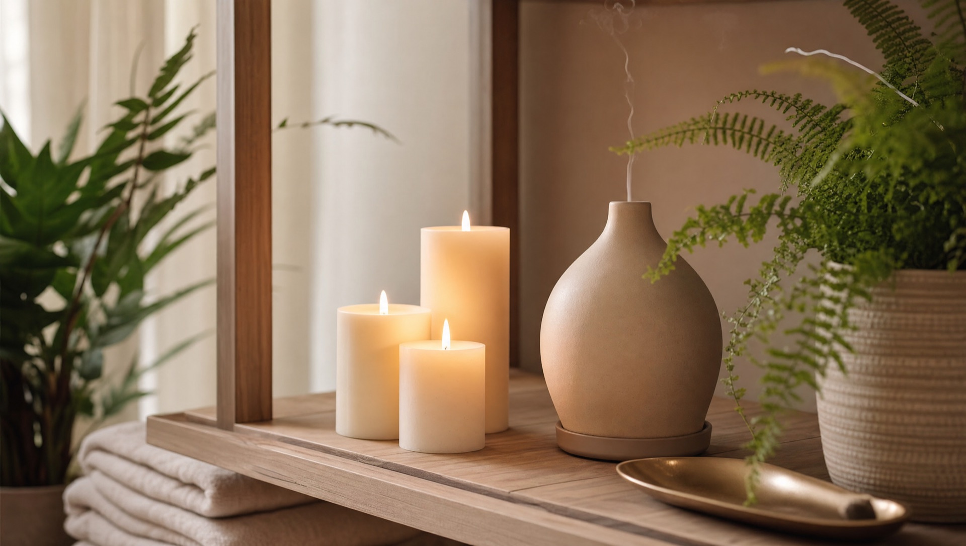 Pillar candles and a ceramic diffuser glowing softly on a wooden shelf