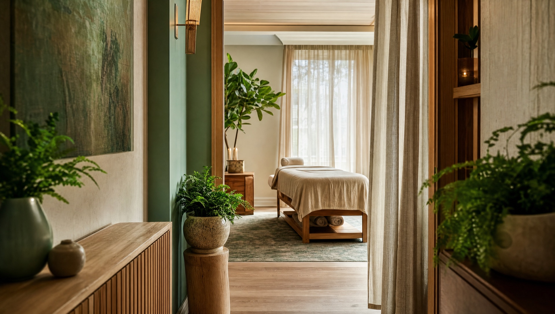 Wide view of the wellness studio interior with natural wood, linen curtains, and potted ferns