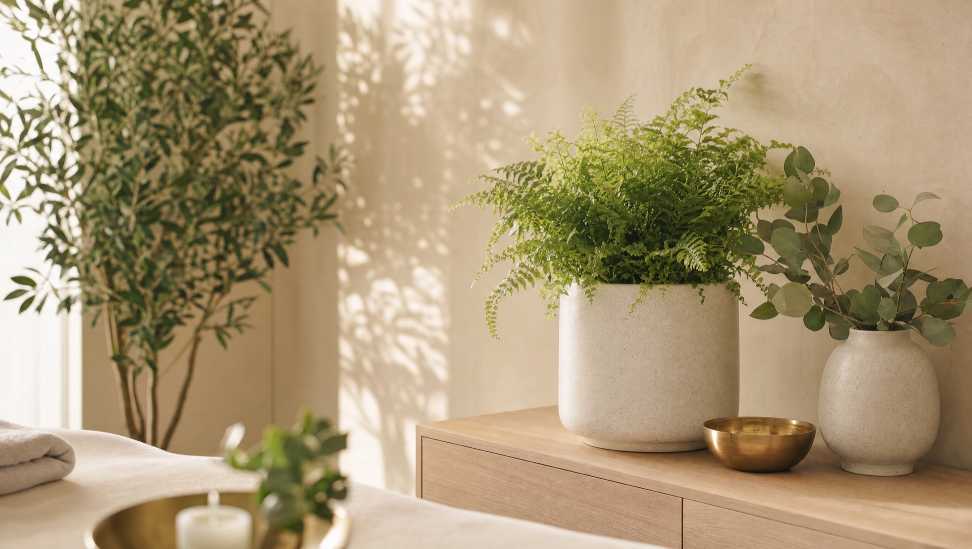 Potted ferns and eucalyptus in ceramic planters against a cream wall in soft light