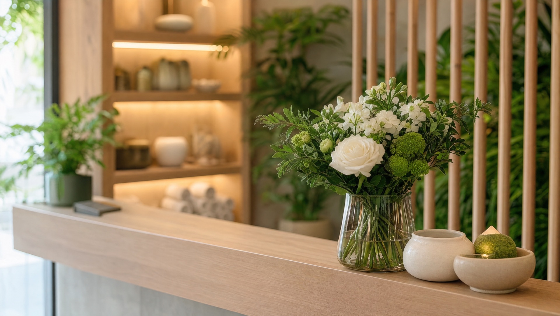 Minimal light wood reception desk with a vase of fresh white and green flowers