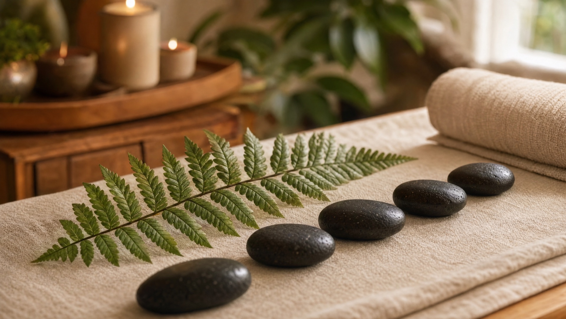 Warm basalt massage stones arranged on linen with a fern leaf