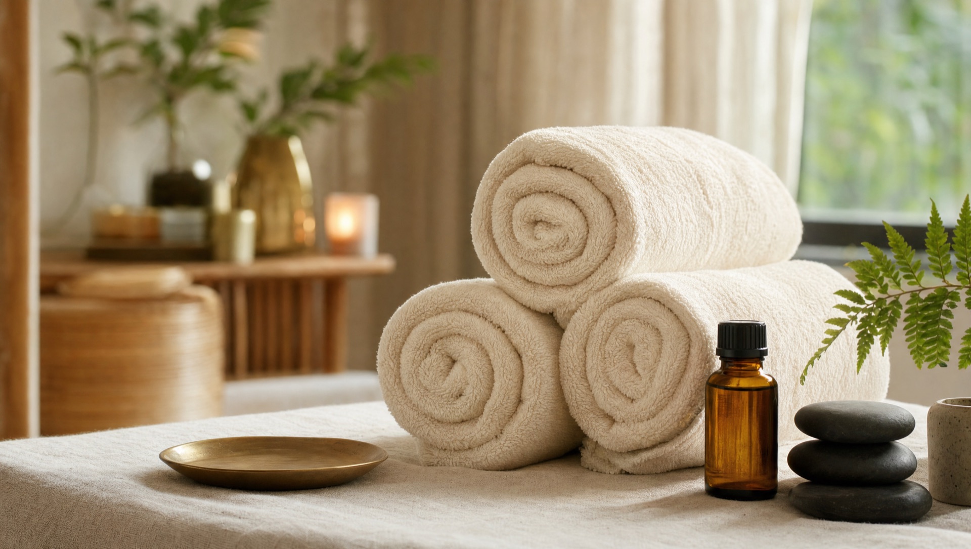 Rolled cream towels stacked with a small massage oil bottle and smooth stones