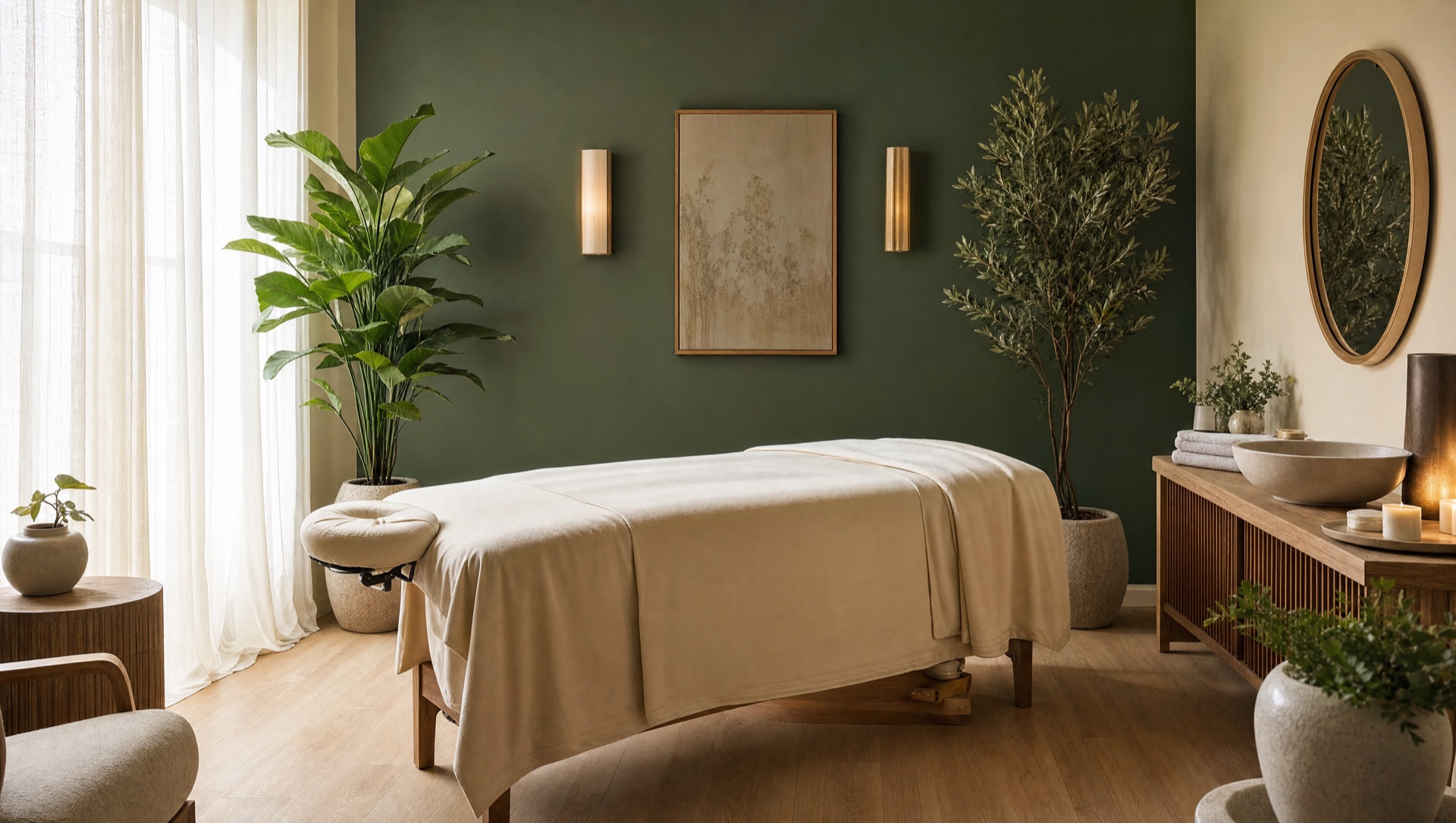 Serene massage treatment room with a cream linen massage table, fern-green accents, and warm window light