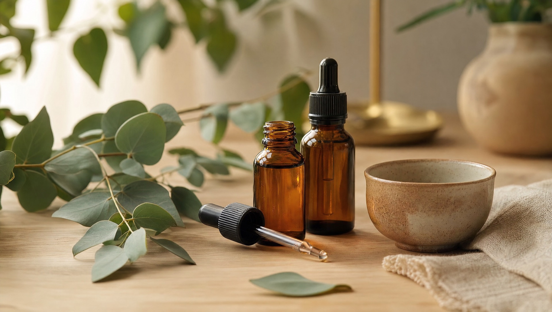Essential oil bottles, dropper, eucalyptus sprigs, and a ceramic bowl arranged on light wood